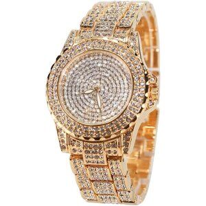 Women's Gold Crystal Rhinestone Diamond Stainless Steel Iced Out Wristwatch